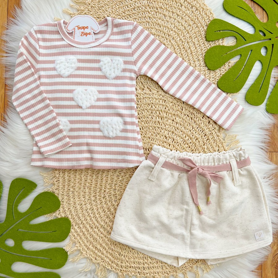 Conj. Blusa Manga Longa Listrada Corações de Pelinho e Short Saia - Rose e Areia